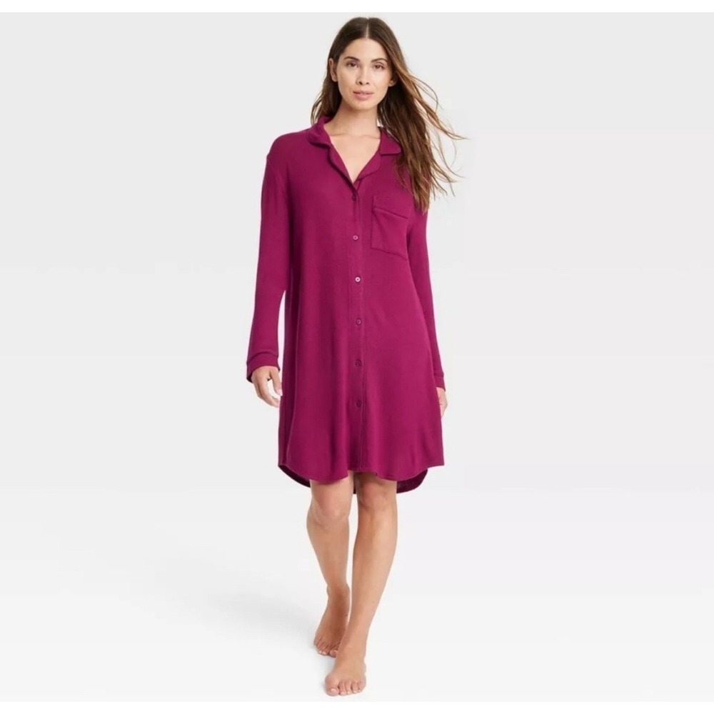 Stars Above Perfectly Cozy Nightgown Long Sleeve Button Down Sleep ShirtBerry XS